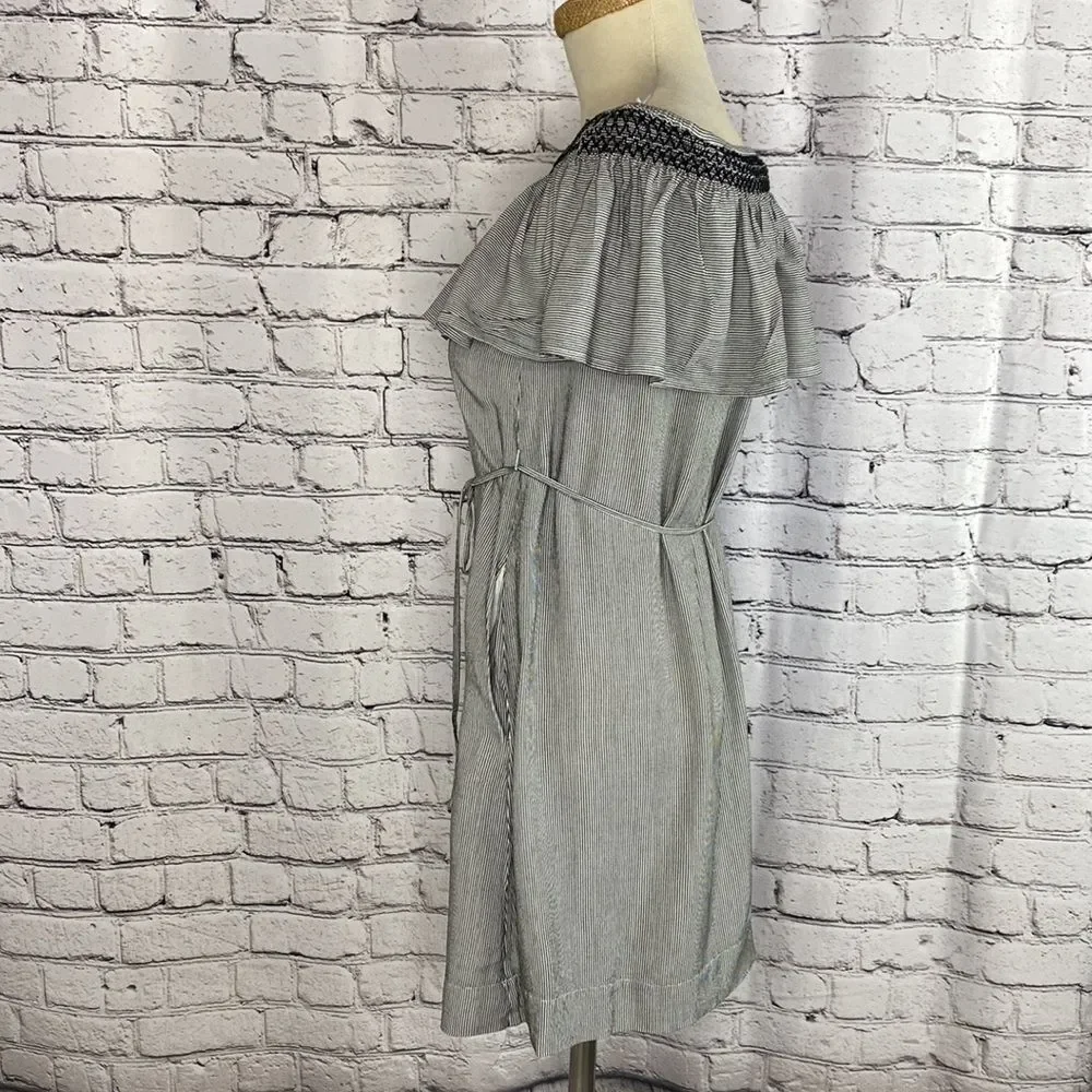 Loft Smocked Off Shoulder Belted Shift‎ Dress W/Pockets Black / Cream Small